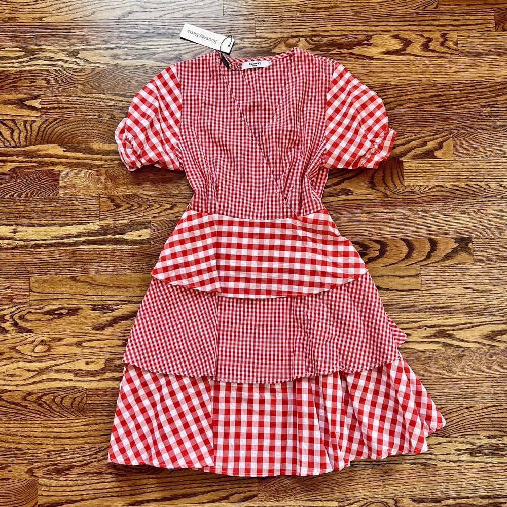 Runway Paris Brand Red Gingham‎ Checked Dress Wrap Style Top, Tiered, Sz S NWT